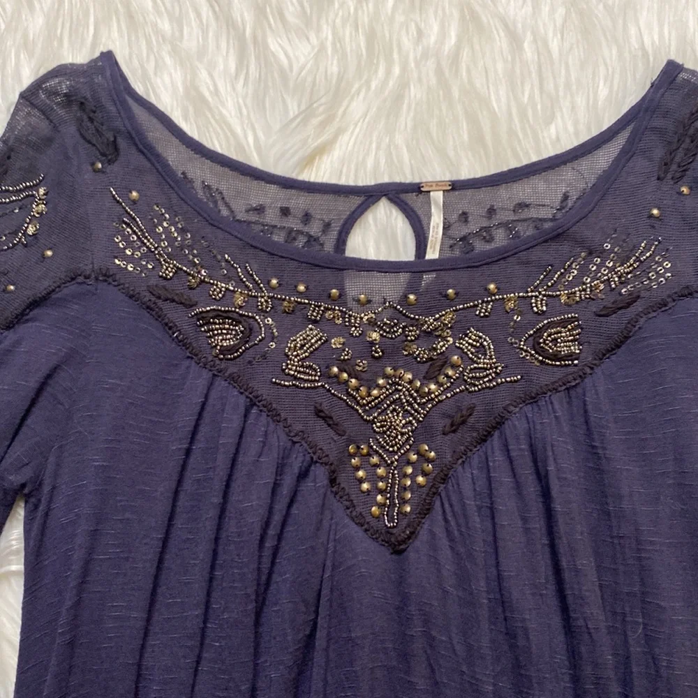 Free People Beaded, Flowey Sleeved Blouse w/ Keyhole neckline on back - Picture 4 of 9